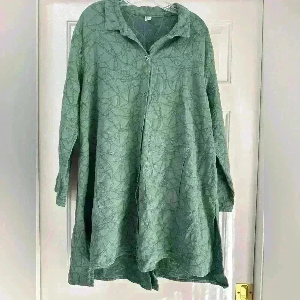 Kleen linen cotton blend button down drapey teal green artsy lagenlook jacket L